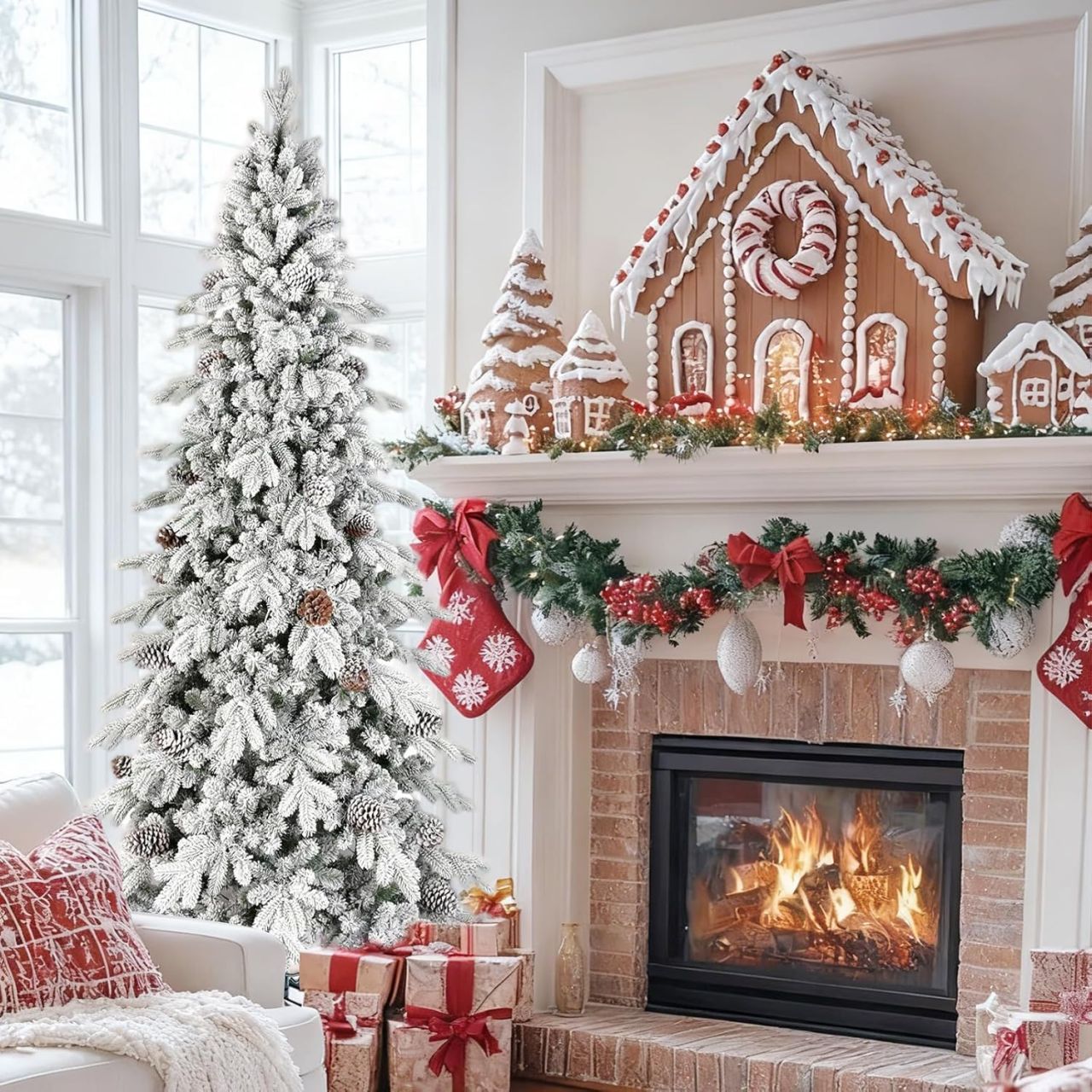 LAMPHOME 7.5ft Flocked Automatic Hybrid Christmas Tree