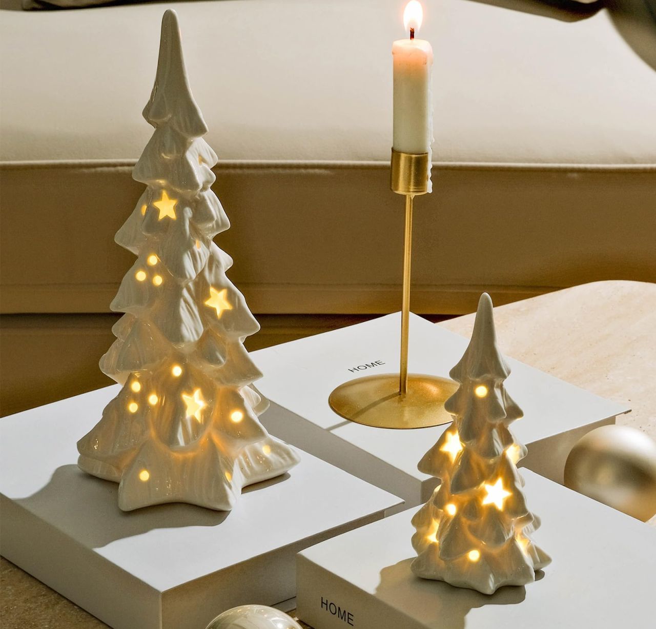 Light up 2pcs White Ceramic Christmas Tree