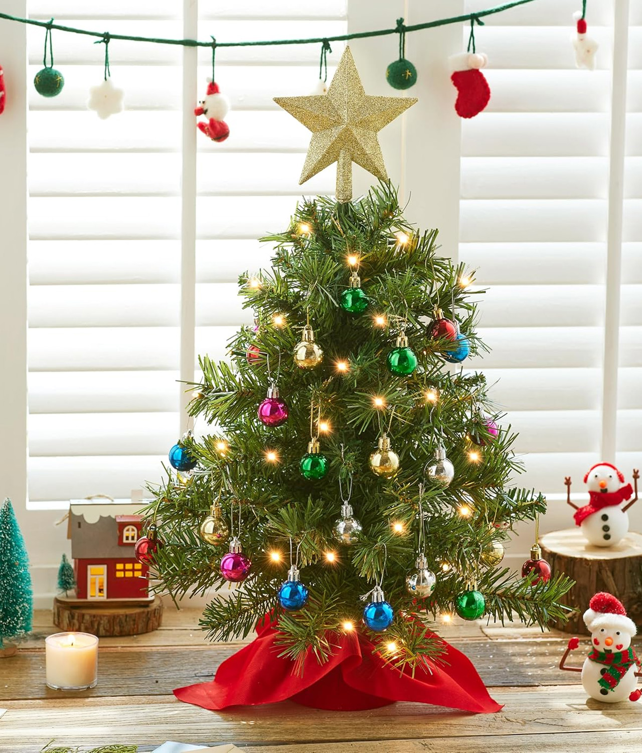 Mini Christmas Tree with Star Treetop and Hanging Ornaments