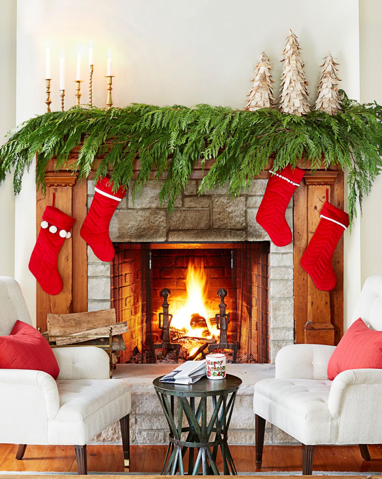 bright red stockings for mantel decorations