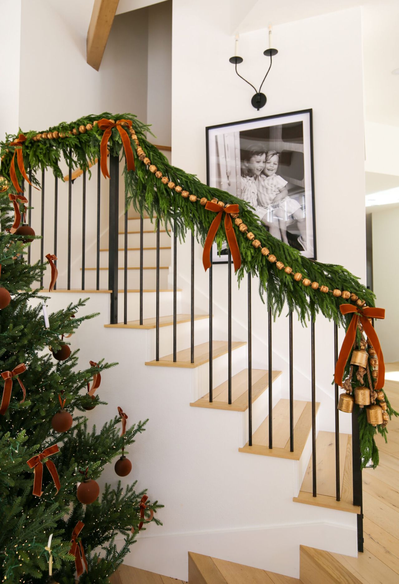 wooden ornaments with burlap ribbons