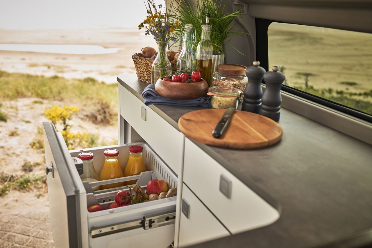 Ford Nugget Campervan With Longer Wheelbase Features Larger Kitchen and a Built-in Toilet - kitchen countertop