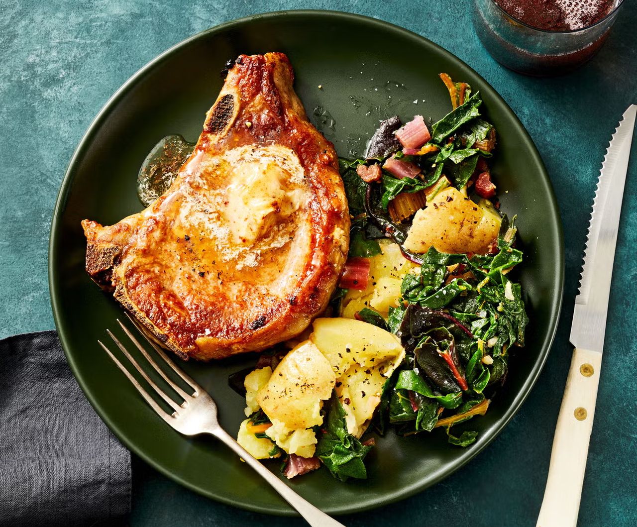 Aleppo Pork Chops with Potatoes and Greens