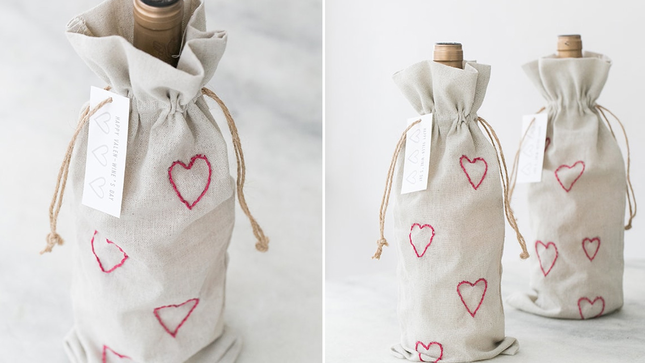 DIY Valentine’s Day Embroidery Wine Bags