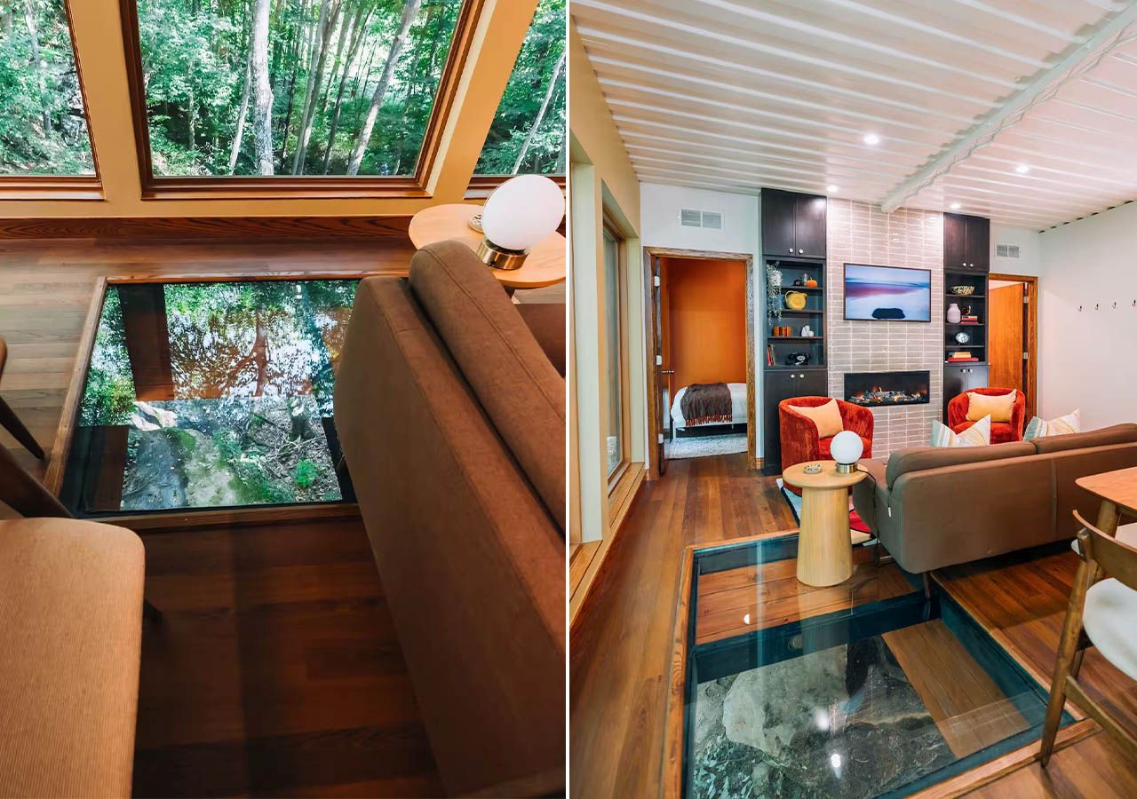 This Tiktok-Famous Shipping Container Cabin in Ohio Perches Over a Waterfall