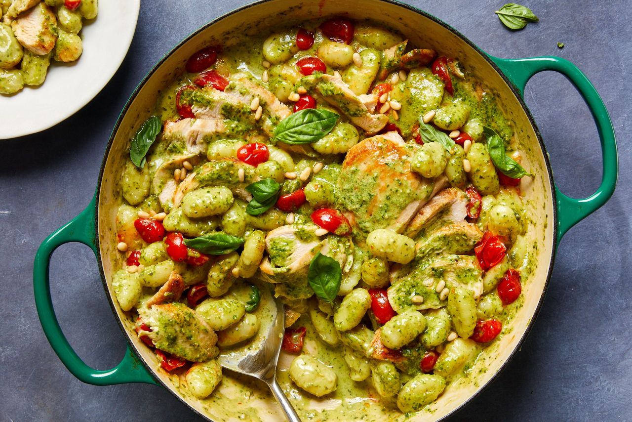 Green Food Ideas for St. Patrick’s Day - creamy pesto baked gnocchi and chicken skillet