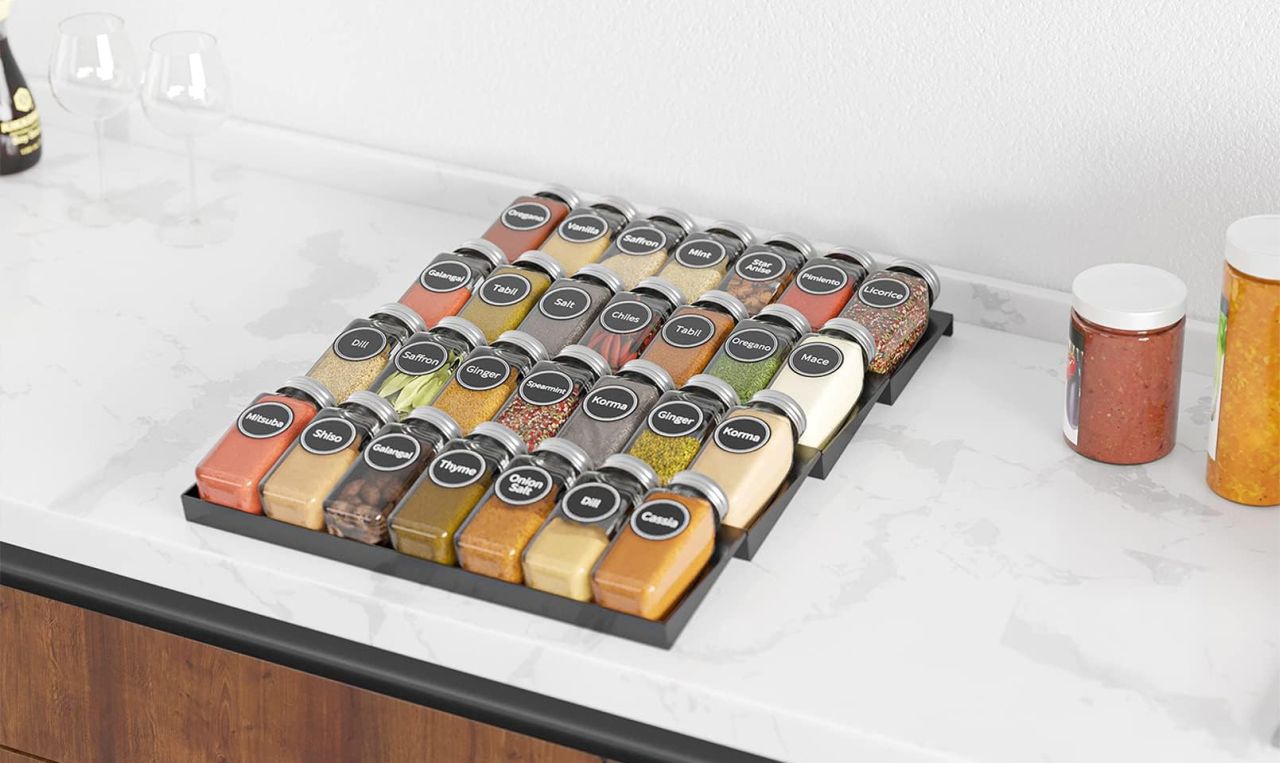 SpaceAid Spice Drawer Organizer with 28 Spice Jars