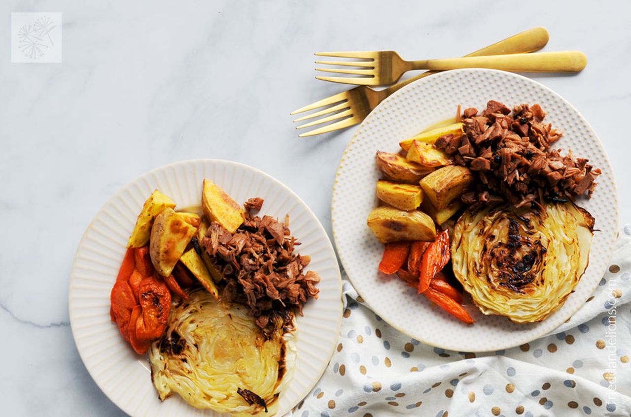 Vegan St. Patrick’s Recipes - Corned Jackfruit with roasted vegetables