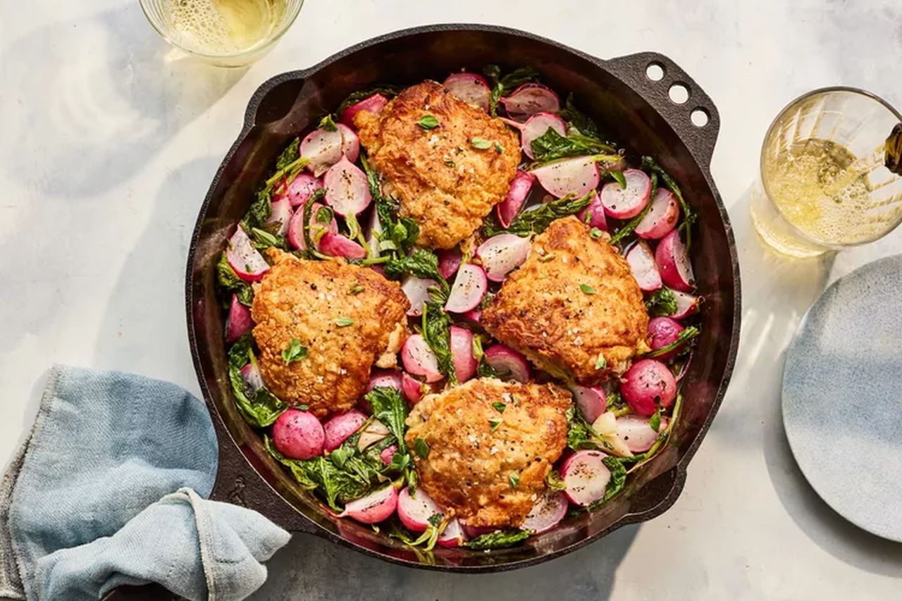 Crispy Chicken Thighs With Roasted Radishes