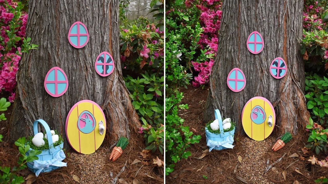 DIY outdoor Easter decoration ideas - bunny tree hideaway