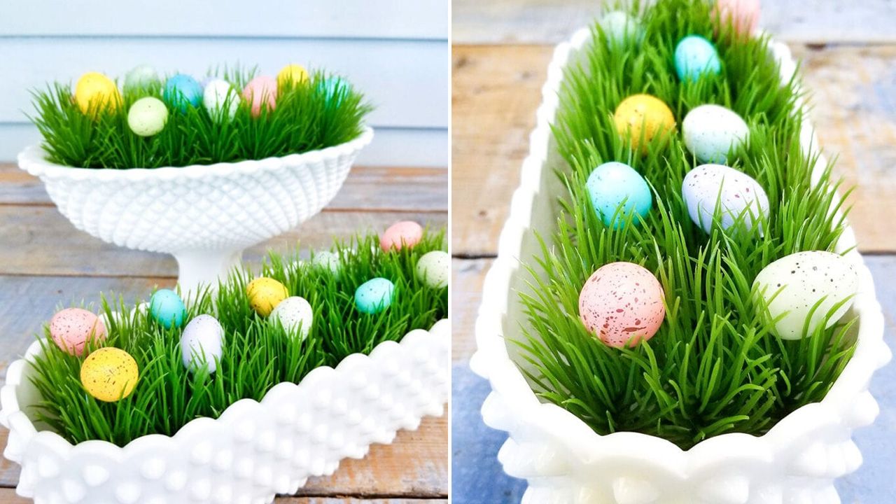 DIY outdoor Easter decoration ideas - eggs in flower baskets