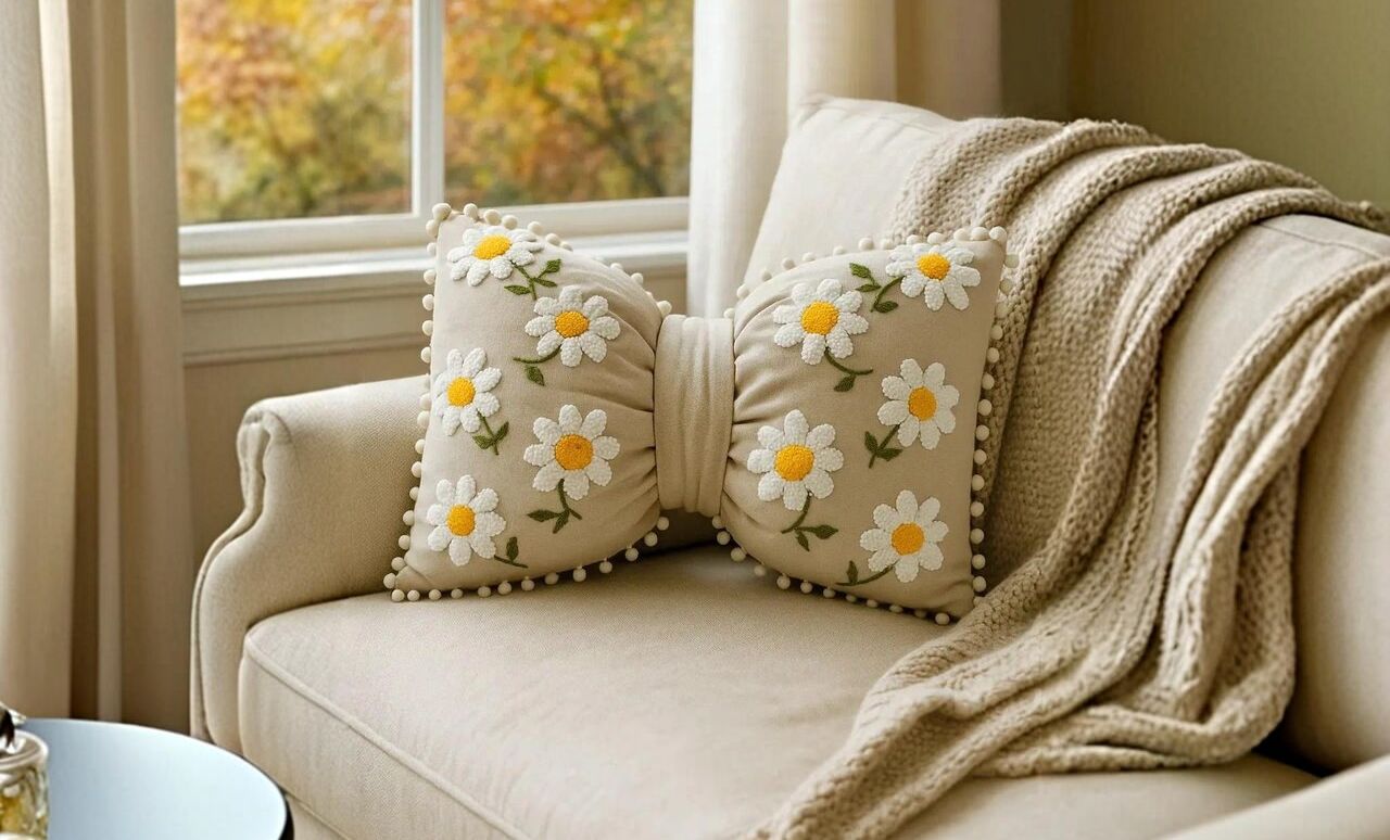 Handmade Spring Daisy Embroidery Bow Pillow