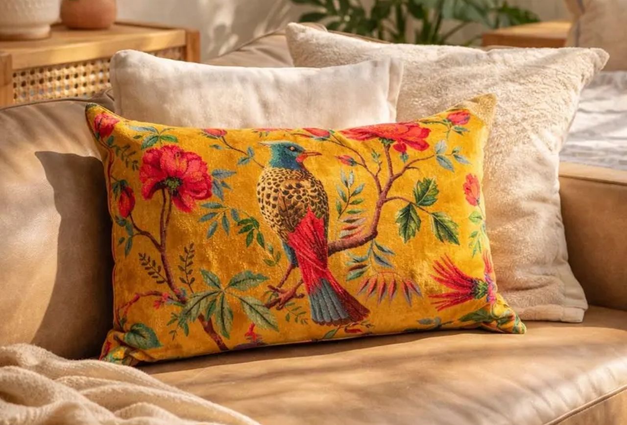 Mustard Bird Cotton Velvet Lumbar Cushion Cover