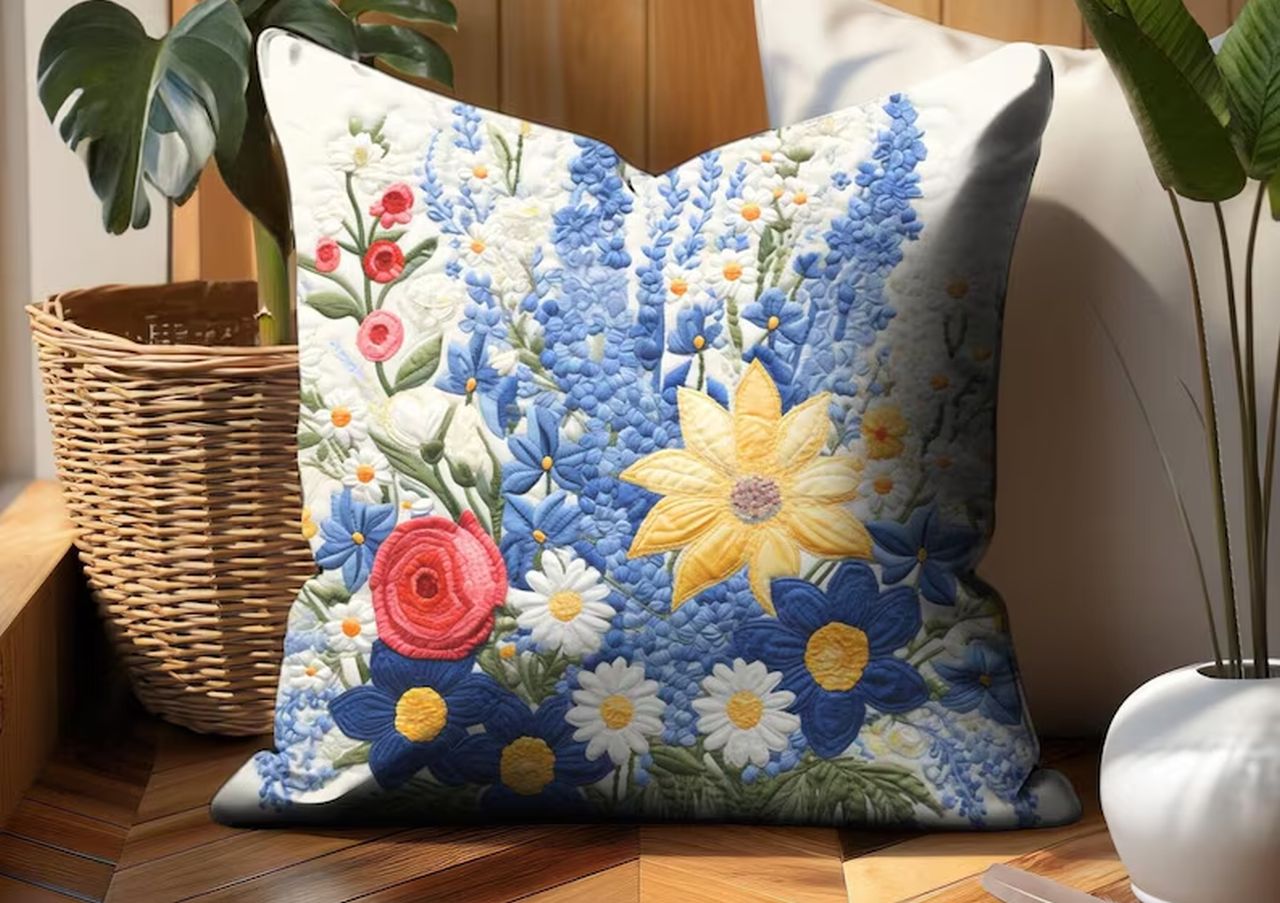 Wildflower Bluebonnet Spring Boho Floral Home Decor Throw Pillow