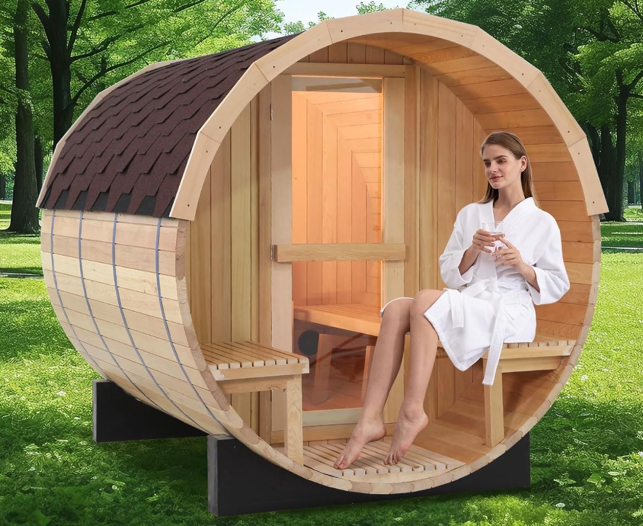 ZONEMEL Outdoor Canadian Hemlock Barrel Sauna with Porch (6-Person)