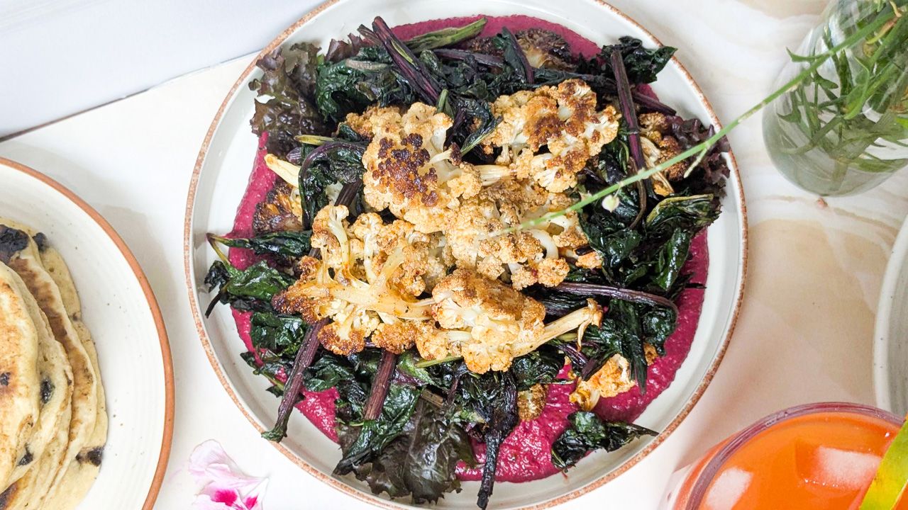 Mother’s Day brunch - Roasted Cauliflower over Beetroot Hummus and Sautéed Collard Greens