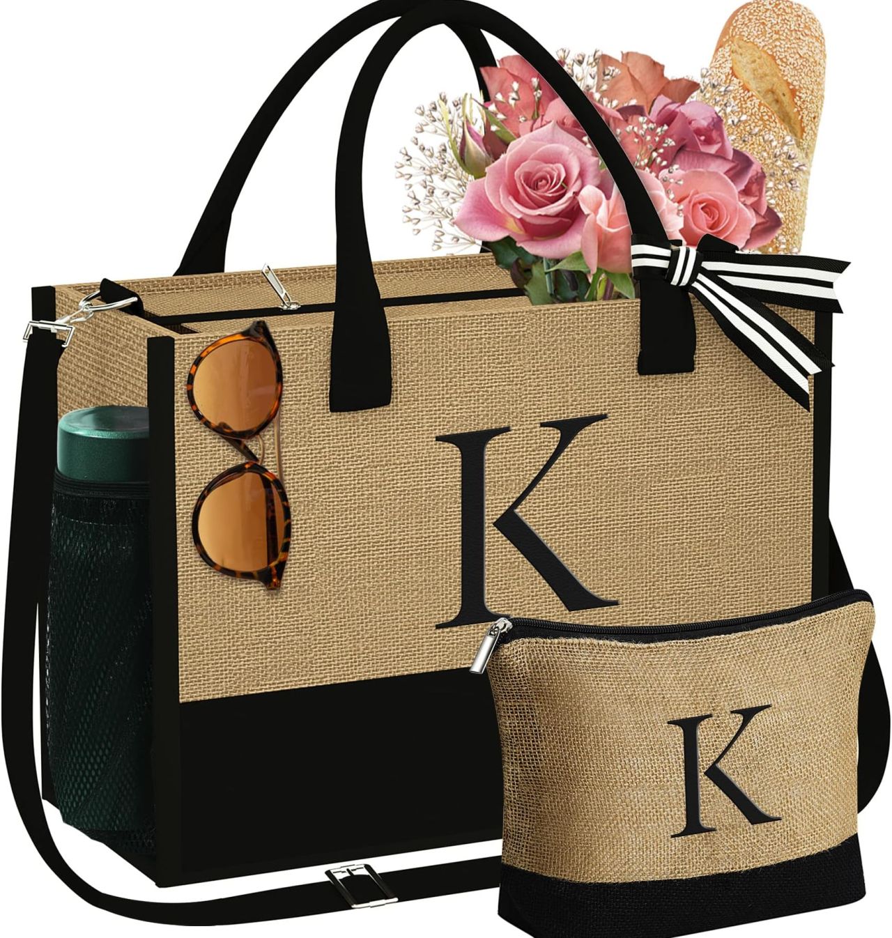 YOOLIFE Initial Jute Tote Bag & Makeup Bag