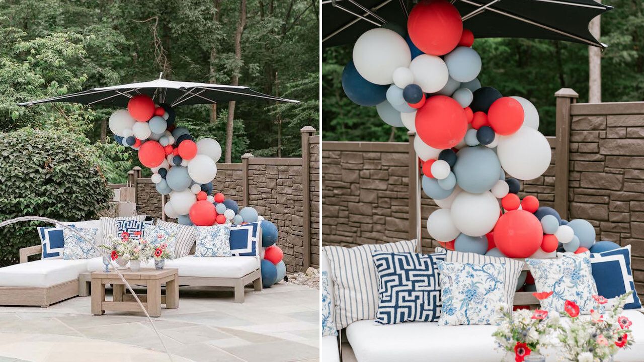 4th of July Pool Party Ideas - Balloon arch by the pool