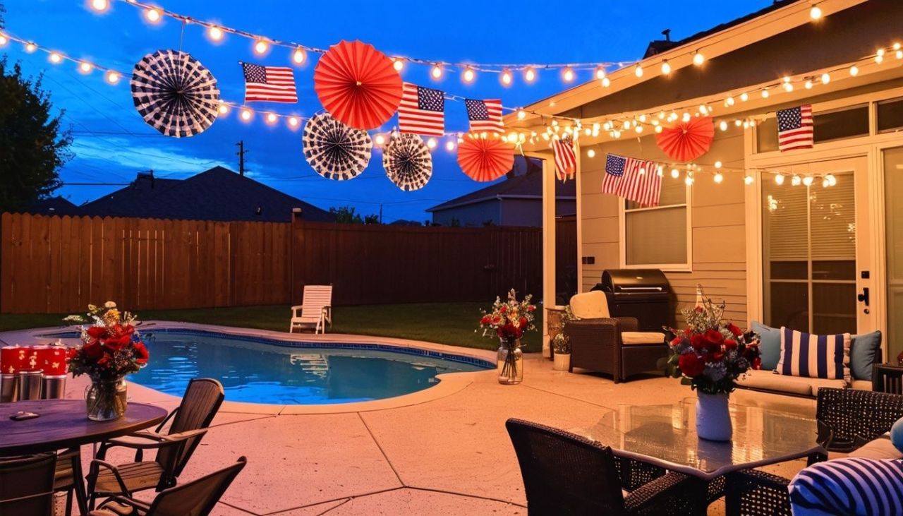 4th of July Pool Party Ideas - lights and streamers
