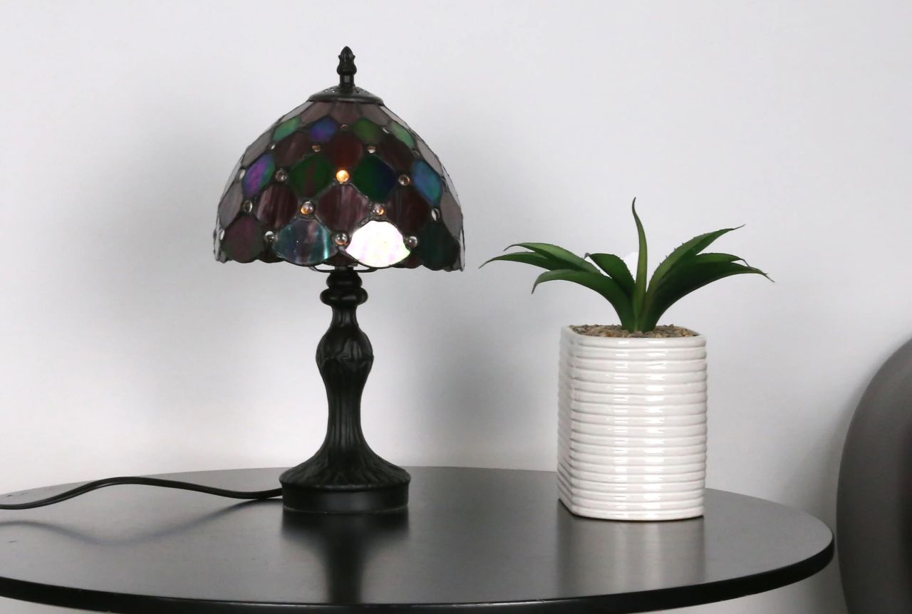 Black, green & purple glass tiffany lamp