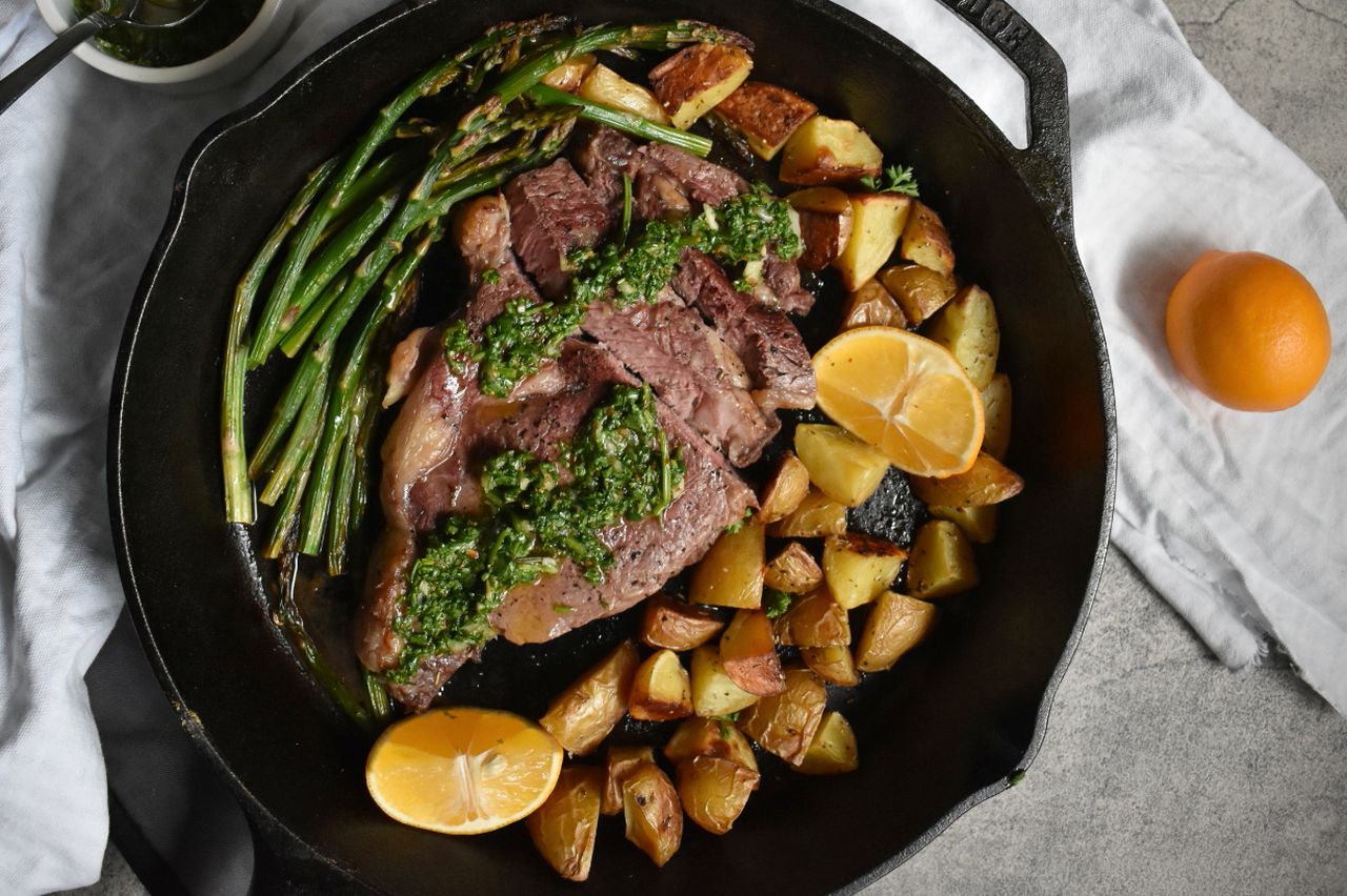 Father’s Day Dinner Meat Mains - Skillet Steak With Potatoes and Asparagus