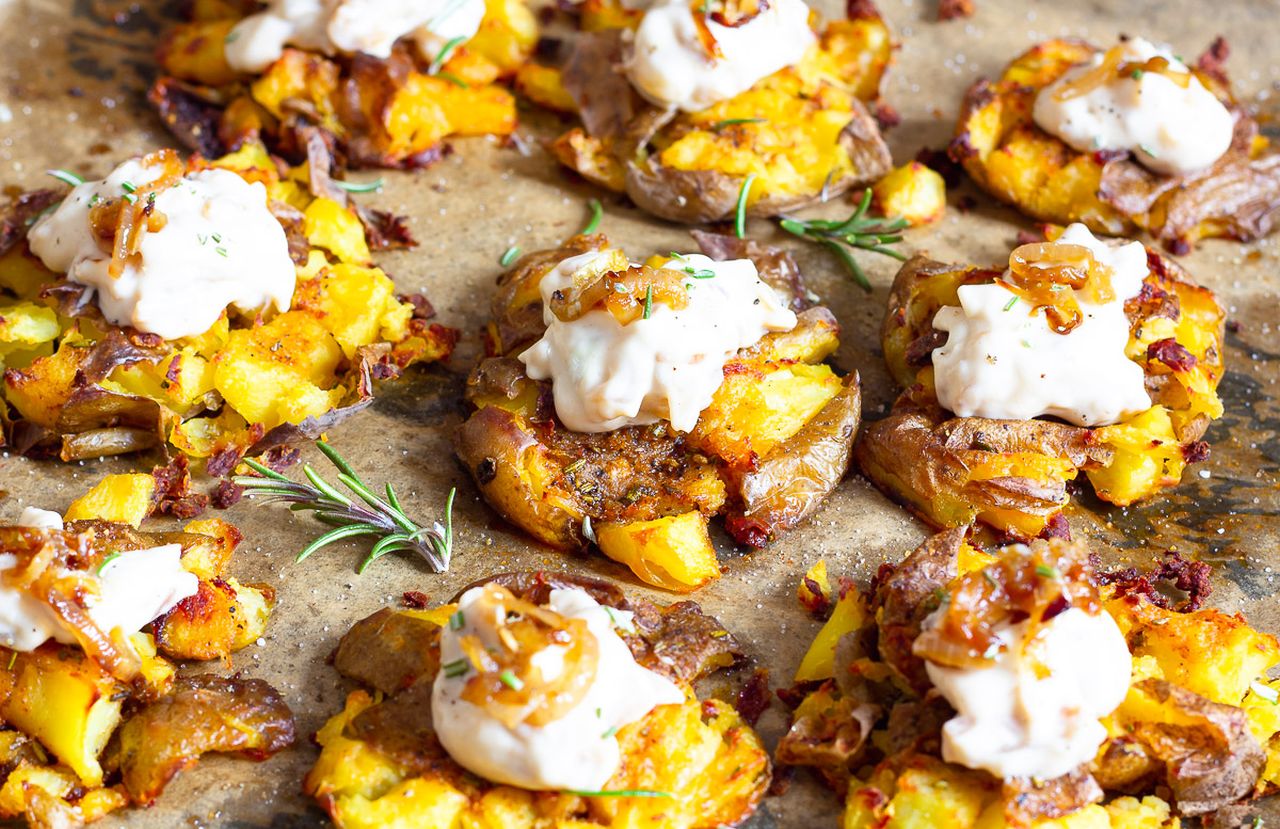 Father's Day Side Recipes- Vegan Smashed Potatoes with French Onion Dip