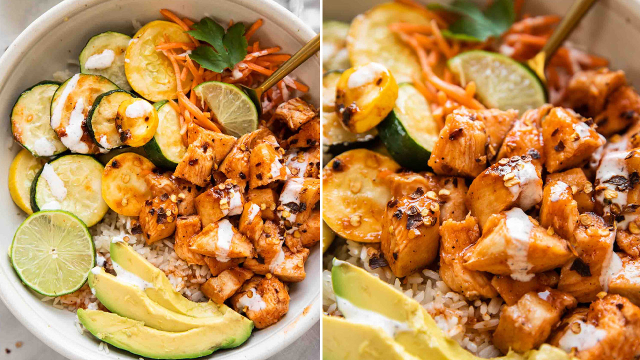 Hot Honey Chicken Bowls -Father's Day Lunch Ideas