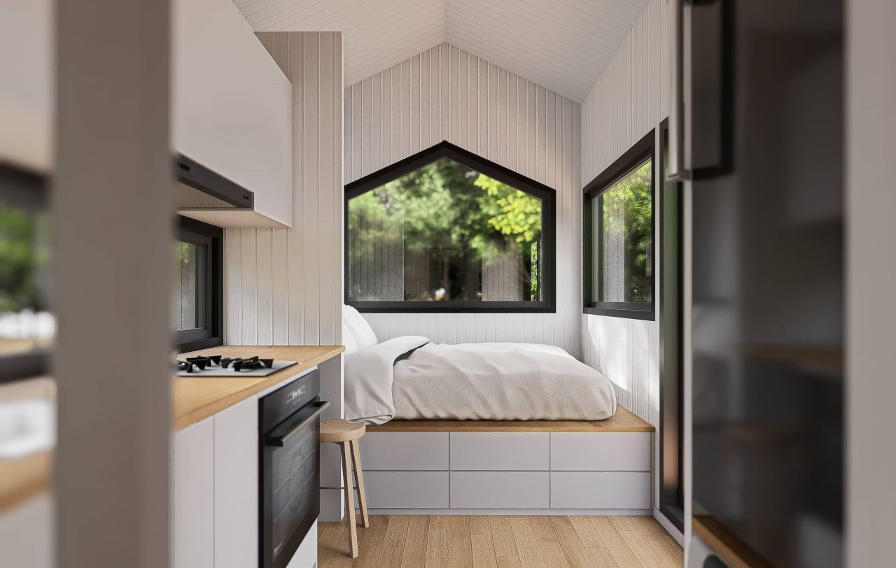 kitchen and Bedroom of Gumnut 5.0 Tiny House