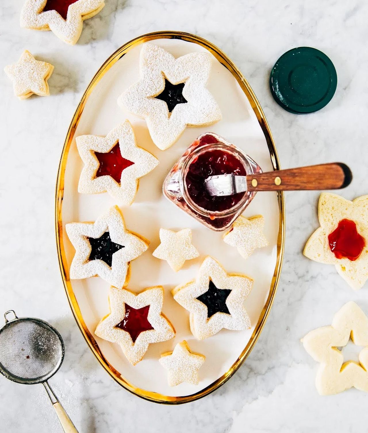 Red, white, and blue linzer cookies