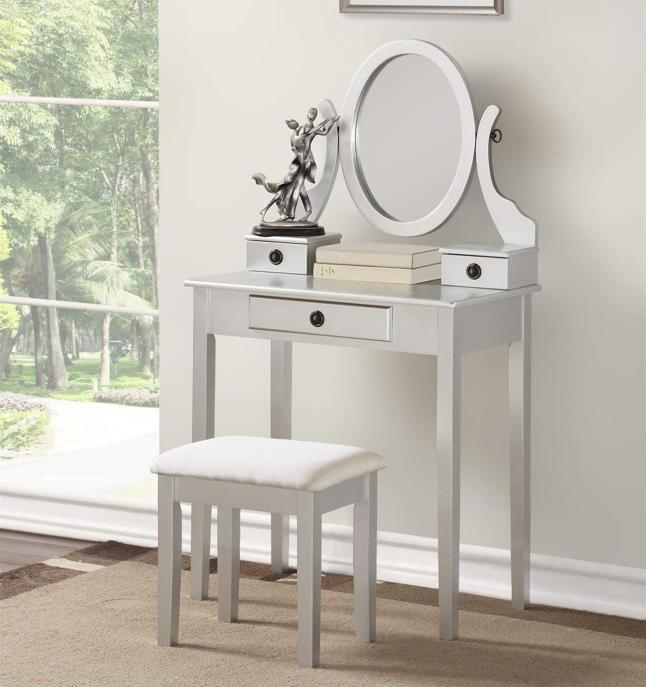 Roundhill Furniture Wood Moniya Makeup Vanity Table and Stool Set