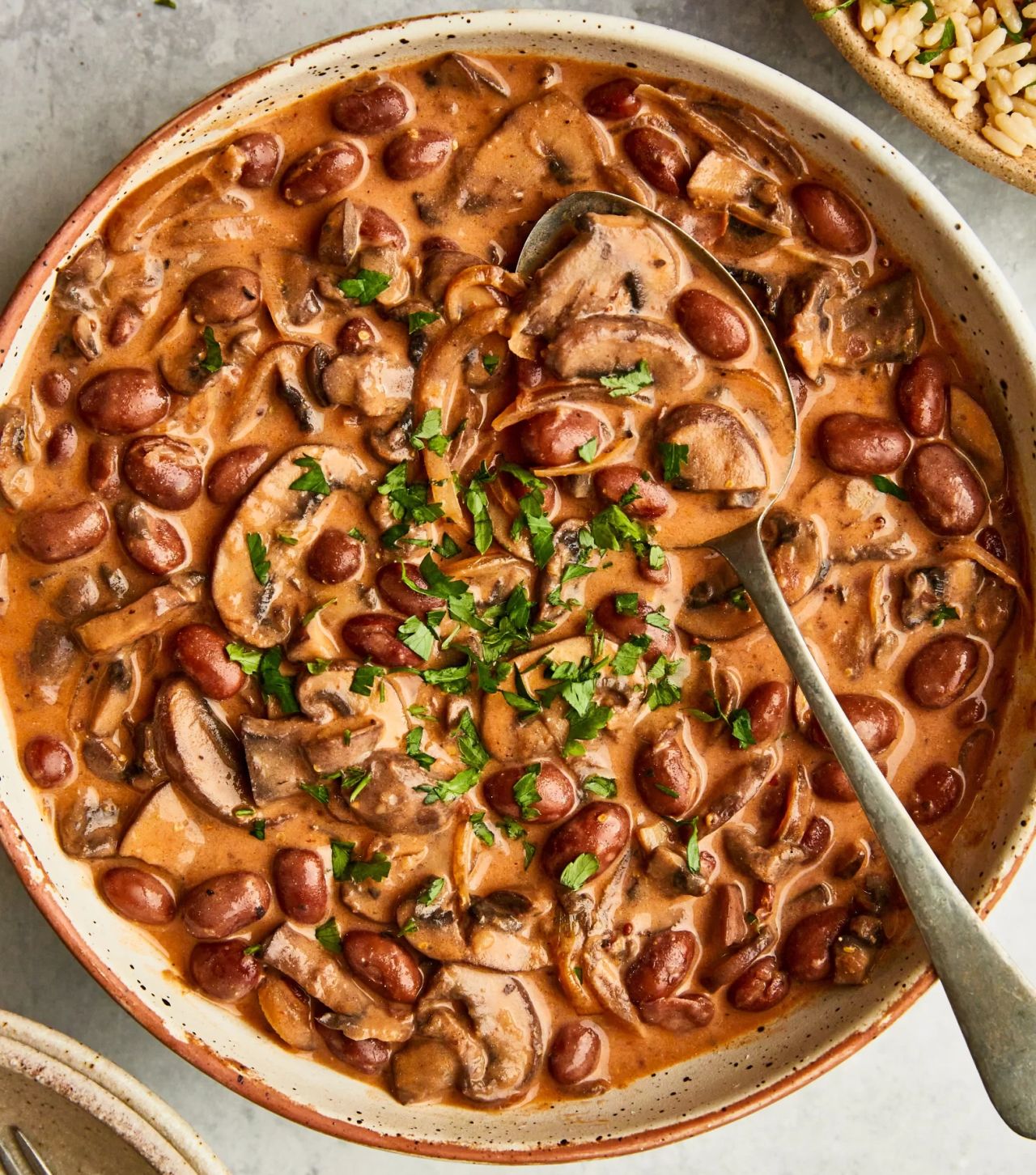 Vegan Father's Day Dinner Ideas- Vegan Stroganoff Beans with Mushrooms & Garlic Rice