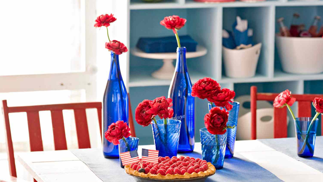 4th of July Decoration ideas on budget - blue vases with red flowers