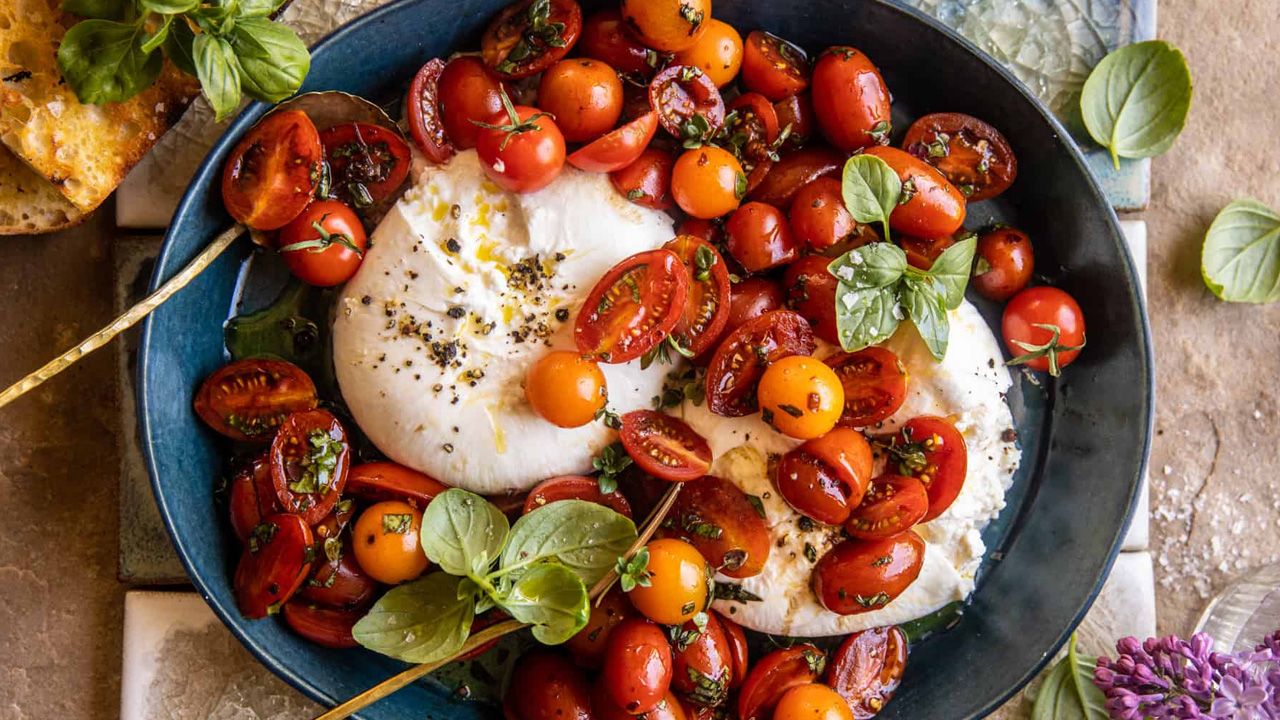 4th of July appetizers - Marinated Cherry Tomatoes With Burrata