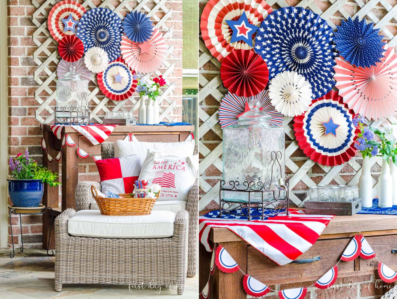 DIY paper fans make a fantastic backdrop for 4th of July Patio