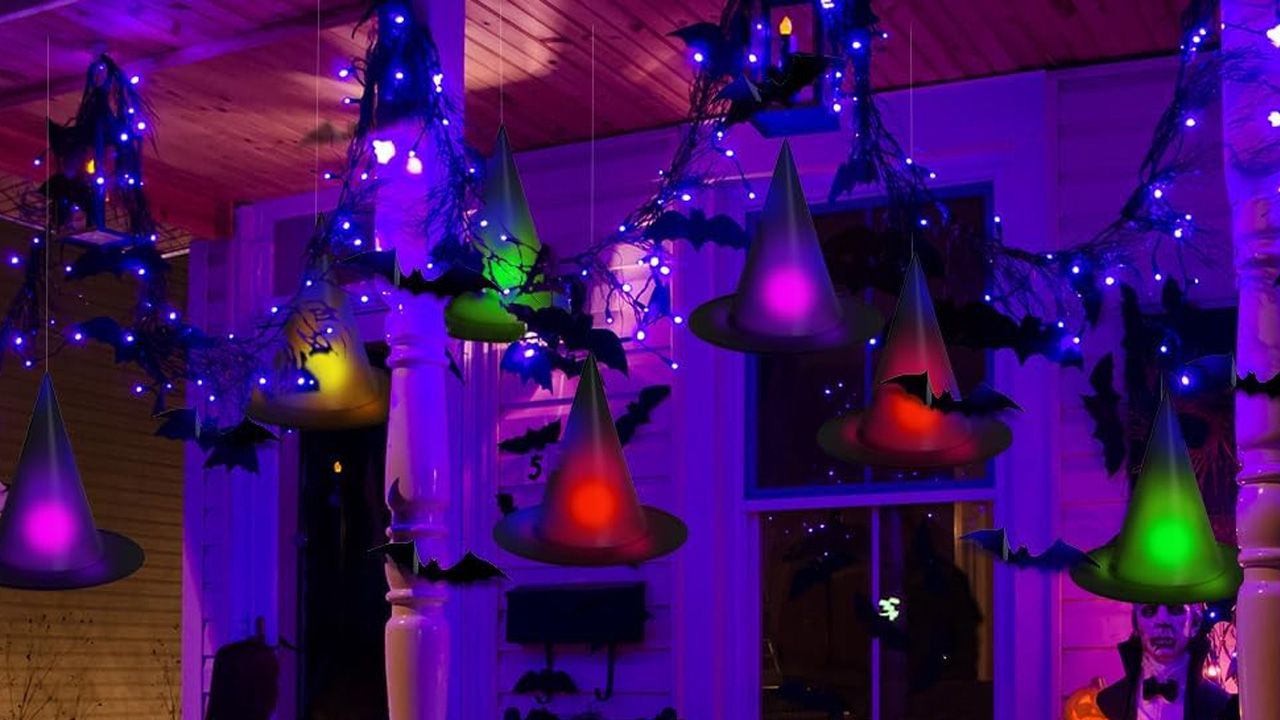 Halloween Indoor Decor Prime Day Deals 2025 - 24-Piece Colorful Hanging Witch Hats