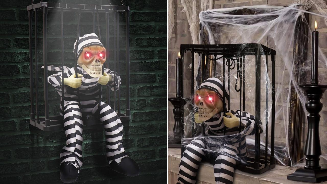 Halloween Indoor Decor Prime Day Deals 2025 - Motion-Activate Scary Skull Cage Prisoner