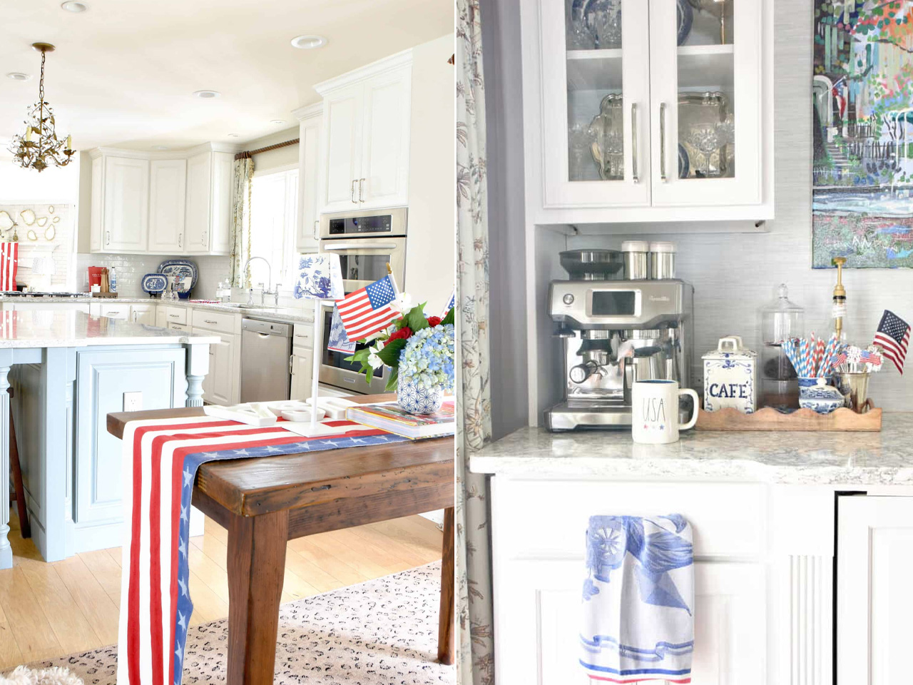Themed table runner and festive dishtowels are an easy and functional way to spruce up kitchen for 4th July celebration