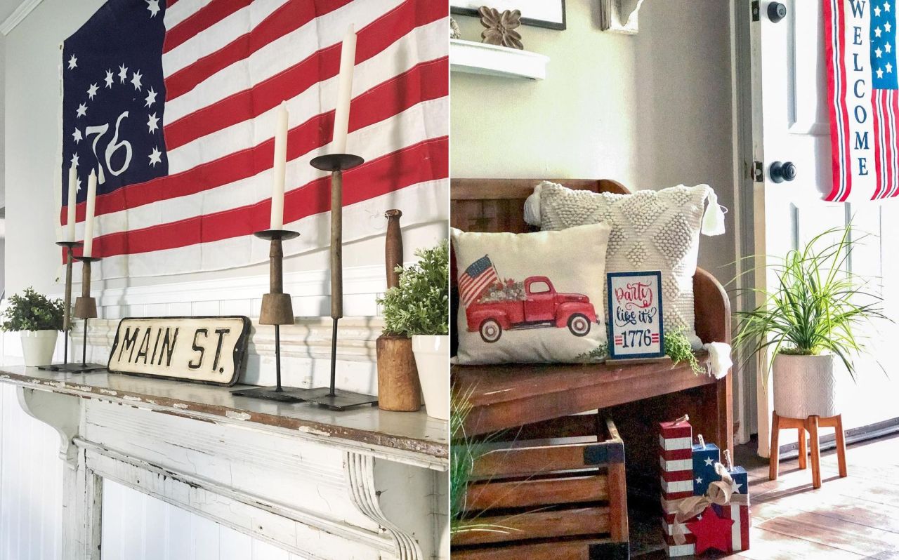 The distressed American flag goes well over the mantel while a banner easily adds patriotic feel