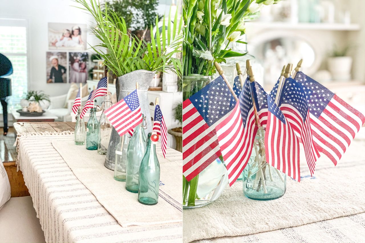 The easiest, quickest, cheapest 4th of July decorating hack?  Just stick a flag in a bottle!