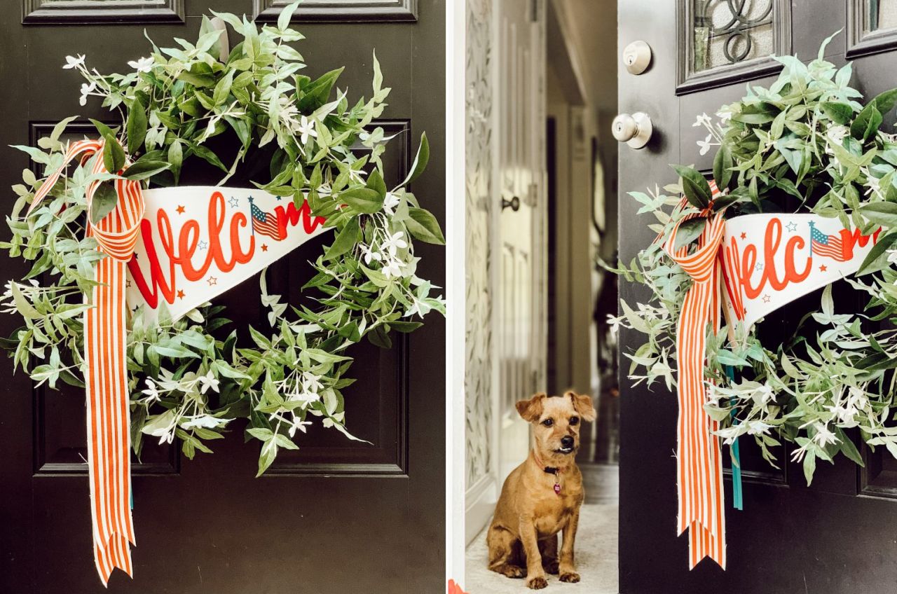 Festive independence day themed wreath on the front door for 4th July