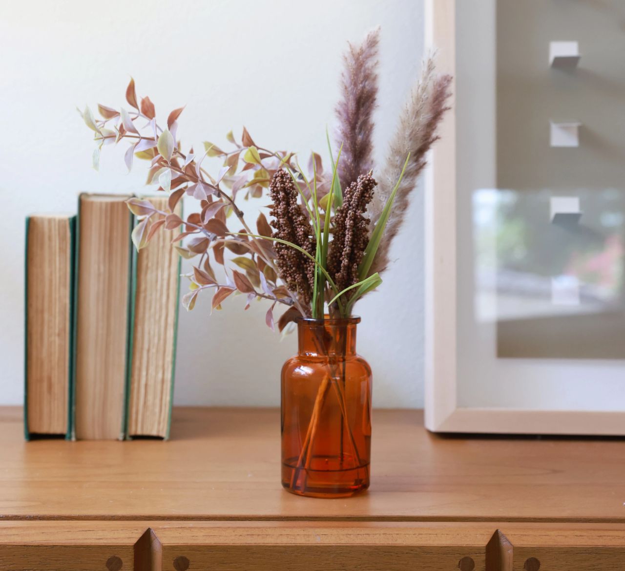 Artificial Fall Floral Arrangement in Brown Glass Vase
