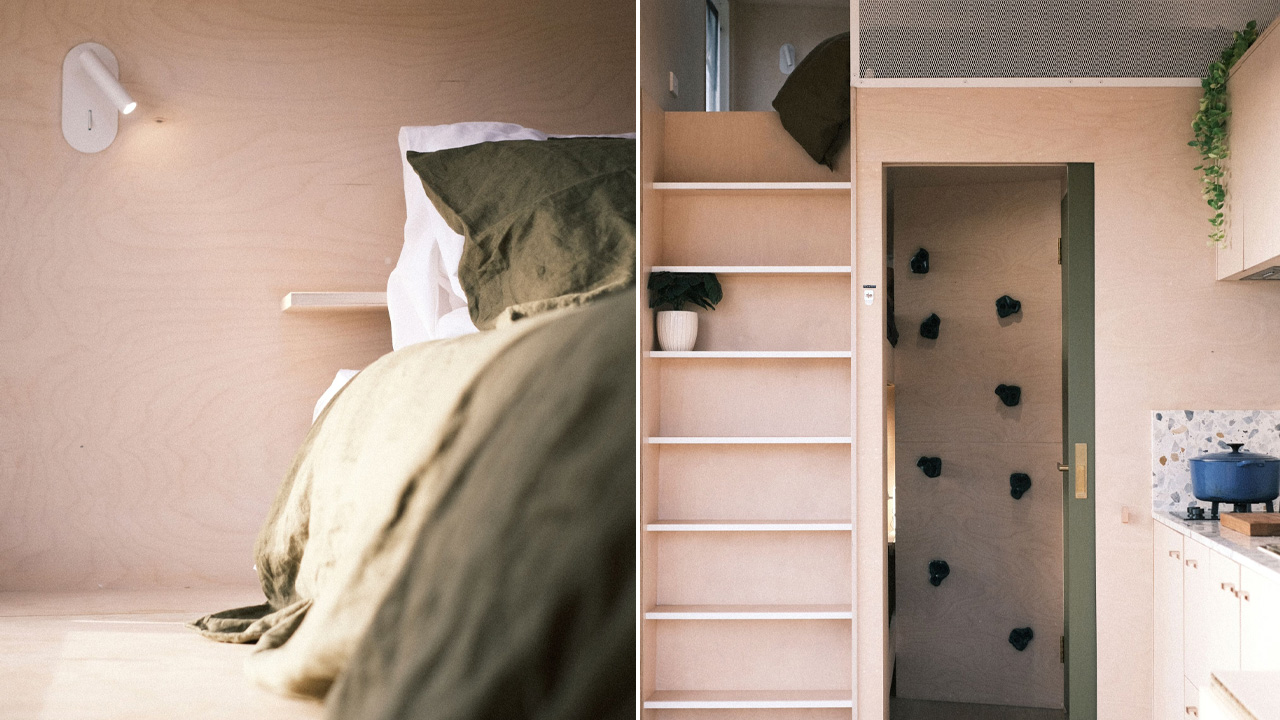 Loft Bedroom, Convertible Bunk Beds, and Bathroom of Fowler & Ward x Base Cabin Tiny House