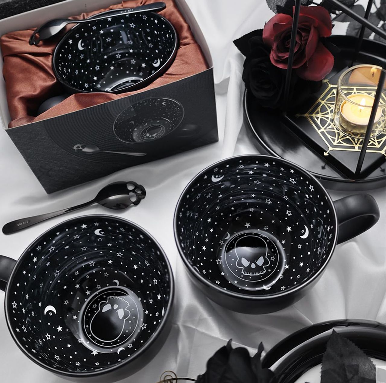 Midnight Skull Coffee Mugs with Spoons