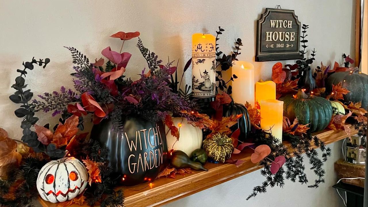 Classic Orange and Black Halloween Decoration Ideas - Witch’s Fireplace Mantel