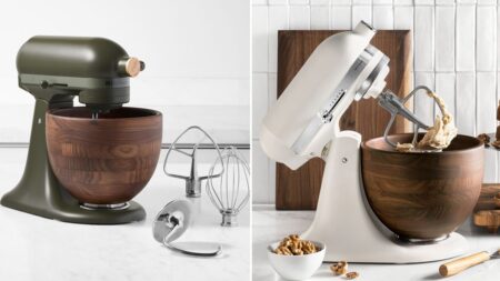 KitchenAid stand mixer with a wood bowl
