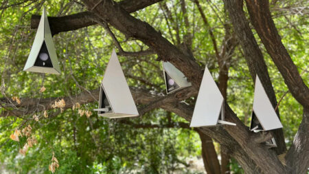 N+Nest Wooden Pyramid Birdhouses by Studio Mahyar Architects
