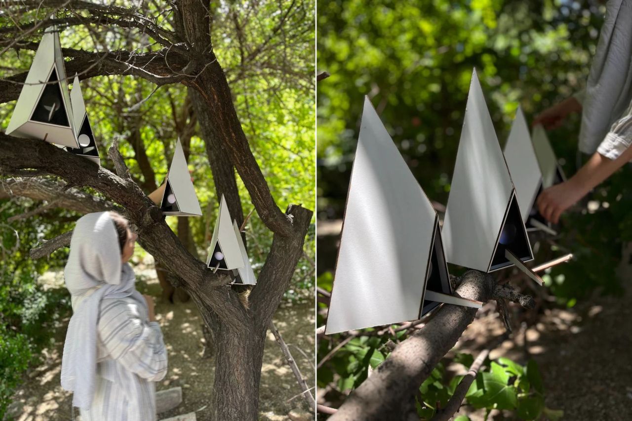 N+Nest Wooden Pyramid Birdhouses by Studio Mahyar Architects