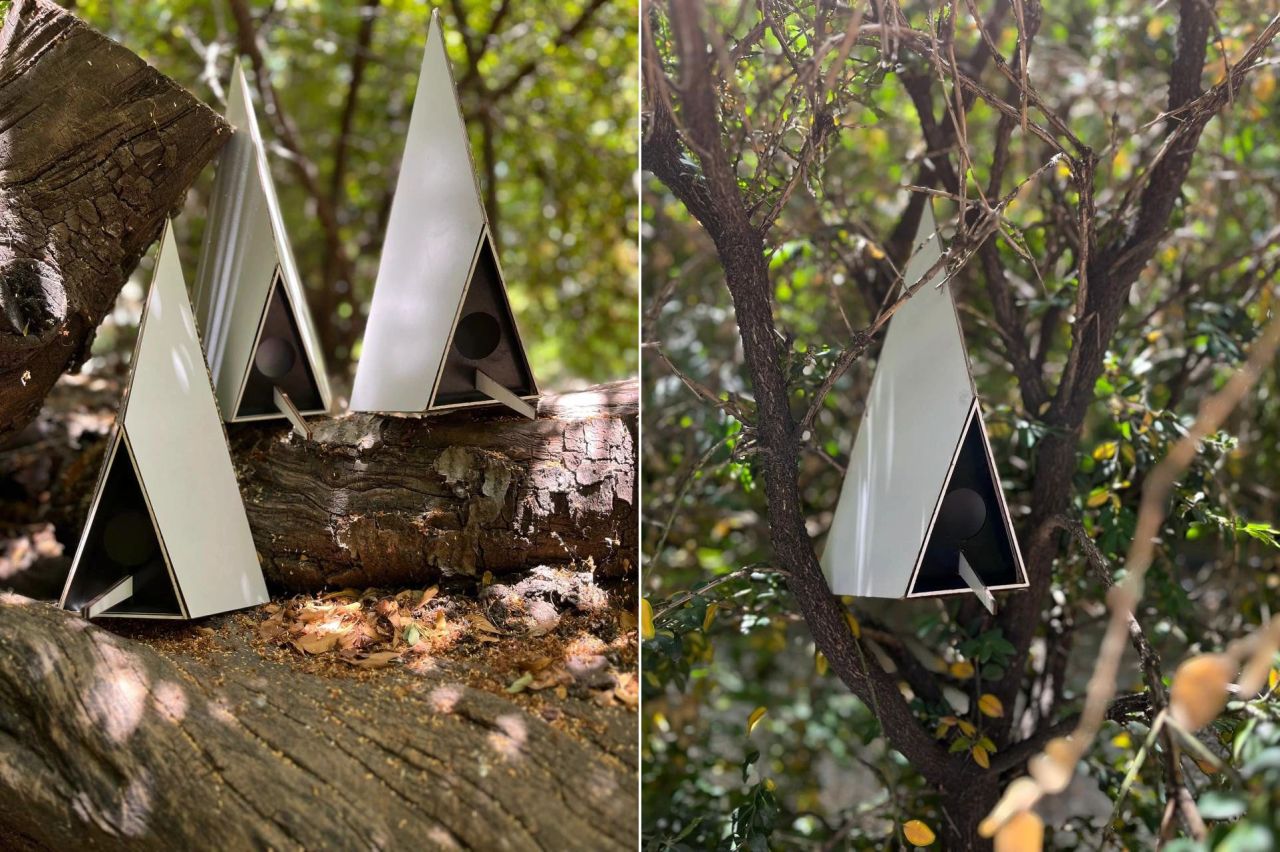N+Nest Wooden Pyramid Birdhouses by Studio Mahyar Architects