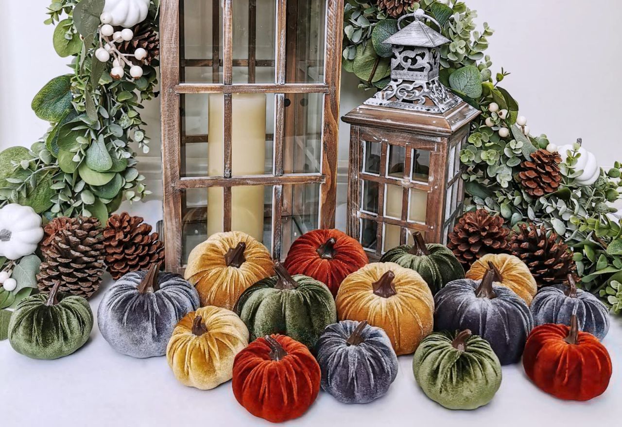 Winlyn 16 Pcs Assorted Small Faux Rustic Harvest Velvet Pumpkins