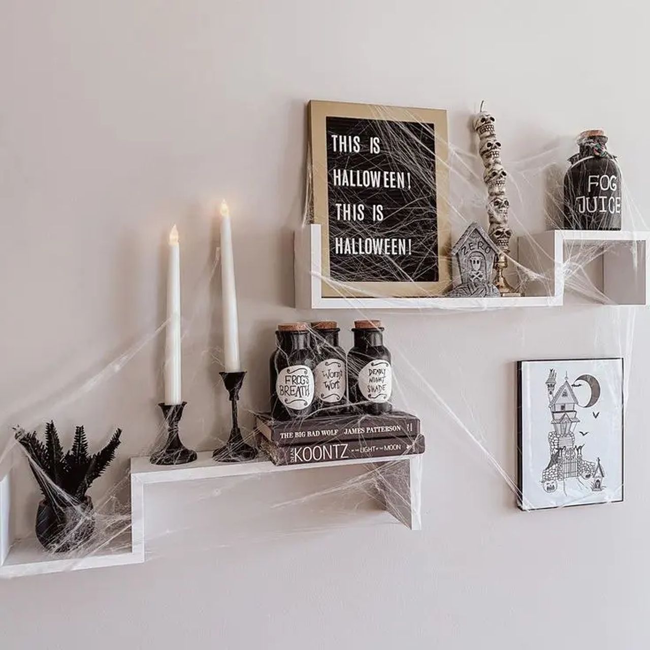 ascending shelves are decorated with poison bottles, candles, a sign,